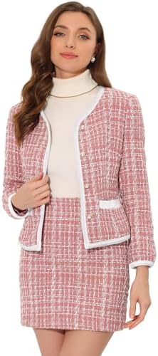 Allegra K Business Suit Set for Women's 2 Piece Outfits Plaid Tweed Christmas Short Blazer Jacket and Skirt Sets