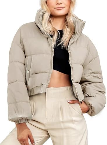 Hooever Women's Cropped Puff Jacket Winter Stand Collar Full Zipper Quilt Bubble Coat