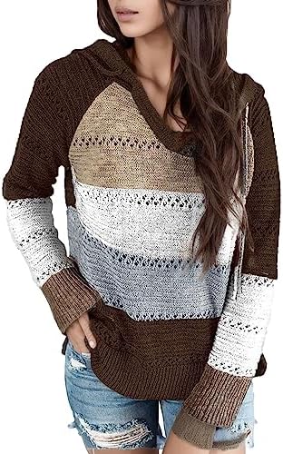 iLH Womens Lightweight Hooded Sweaters Color Block Patchwork Pullover Knitwear Hoodies for Women Fall Leisure Knit Hoodies