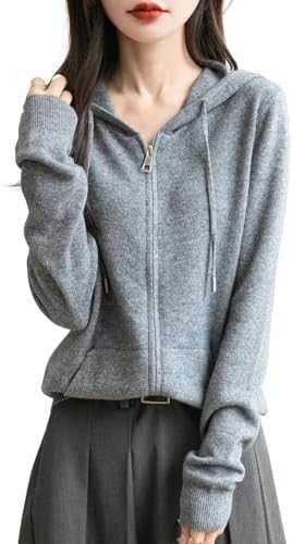 Women's 100% Merino Wool Zip Up Hoodies 2024 Fall Winter Warm Long Sleeve Knit Sweatshirt Cardigan with Pocket