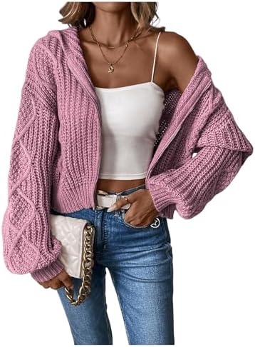 MakeMeChic Women's Chunky Knit Hoodies Cropped Cardigan Sweater Full Zip Long Sleeve Knitwear