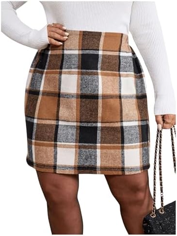 MakeMeChic Women's Plus Size Plaid Skirt Elastic High Waisted Pencil Mini Skirts