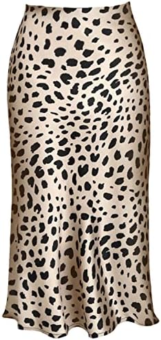 Womens Leopard Print Skirt Trendy Summer Midi Long Length Silk Satin High Waist Elastic Skirts