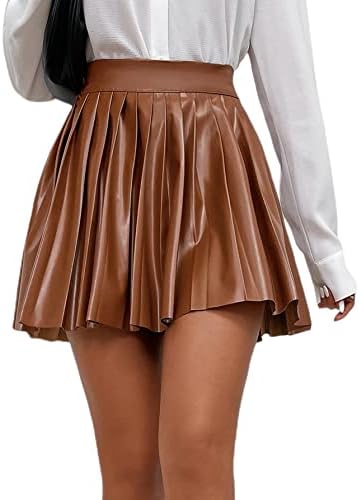 Floerns Women's PU Leather High Waisted Pleated Skirt Faux Leather Party Skater Mini Skirt