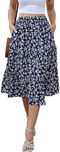 Lyrur Women's Floral Midi Skirt with Pockets High Elastic Waist Flowy Ruffle Casual Summer Boho Aline Skirts