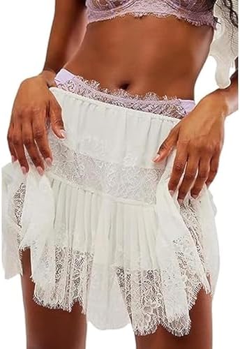 Women's Y2k Lace Half Slip Skirt Low Rise Pleated Ruffle LaceTrim Mini Skirt Layered Flowy Short Skirts Underskirt