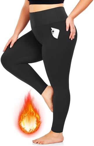 NEW YOUNG Plus Size Fleece Lined Leggings with Pockets for Women,Thermal Warm High Waisted Workout Yoga Pants for Winter