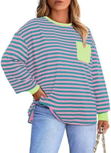 Eytino Women Plus Size Tops Crewneck Long Sleeve Loose Casual Striped Tee Shirts with Pocket(1X-5X)