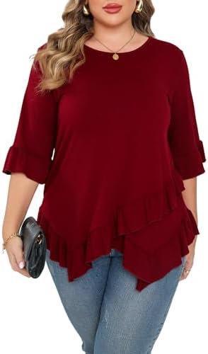 Beauhuty Plus Size Tops for Womens Tunic Ruffled Hem Crew Neck T-Shirts Casual Flowy Blouses 3/4 Ruffle Sleeve
