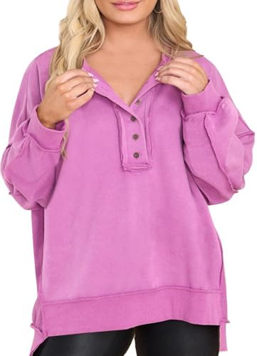 Eytino Women's Plus Size Sweatshirts Button Henley Neck Casual Long Sleeve Oversized Pullover Tops Shirts(1X-5X)