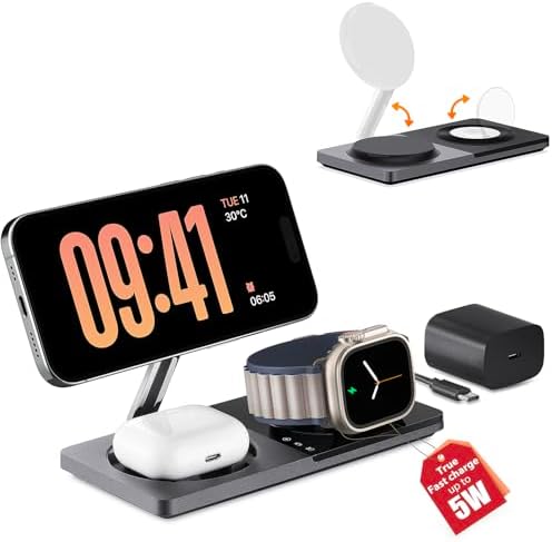3 in 1 Charging Station for Apple Devices: Mag-Safe Charger Stand Fast Charging, Wireless Charger for iPhone 15/14/13/12 Series, Apple Watch Series 1-9/Ultra, AirPods Pro,30W USB Charger (Black)