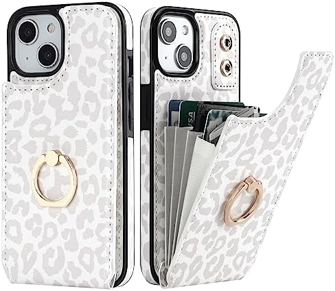 HAOPINSH for iPhone 13/ iPhone 14 Wallet Case with Card Holder, 360°Rotation Ring Kickstand, White Leopard Cheetah Pattern, RFID Blocking Leather for Girls Women, Double Buttons Flip 6.1"