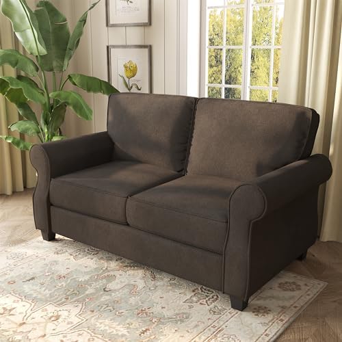 ZeeFu Modern 56" Loveseat Sofa Couch Brown Velvet Mid Century 2-Seat Comfortable Upholstered Small Loveseat Sofa Furniture, Easy Install Soft Sofa Couch for Small Spaces Living Room Bedroom Apartment