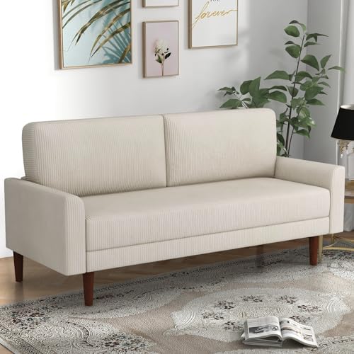 67" Corduroy Modern Sofa Couch, Cozy Comfy Overstuffed 2 Seat Loveseat Couch Sofa with Solid Wood Feet, Soft Padded Seat Small Living Room Futon for Apartment, Beige
