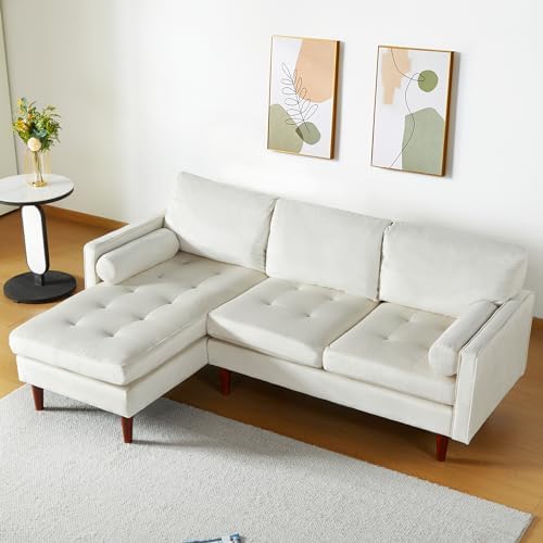 Convertible Sectional Sofa Couch, Upholstered Velvet Convertible L Shaped Couch with Chaise, Modern 3 Seat Sectional Couch for Living Room Apartment Small Space, Beige