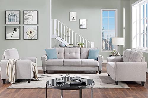 Harper & Bright Designs 3-Piece Living Room Sectional Sofa Set, Modern Style Button Tufted Linen Upholstered Armchair Loveseat Sofa and Three Seat Sofa Set Sectional Couch, Light Gray