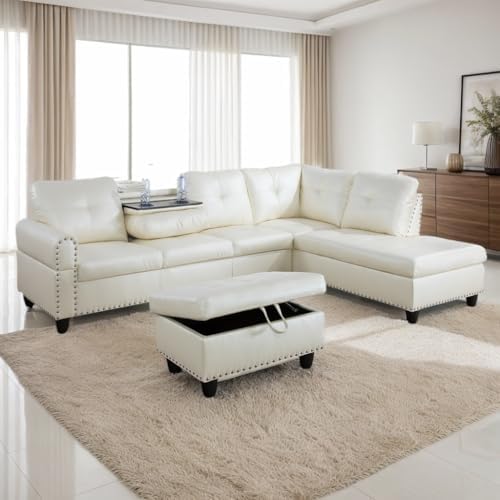 3-Piece Faux Leather L-Shaped Sectional Sofas, Button Tufted Upholstered Couches with Right Chaise Lounge and Storage Ottoman, Modular Living Room Set, 97 in, Foldable Console and Cup Holder (White)