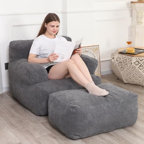 Bean Bag Sofa Chair with Ottoman, Giant Bean Bag Chair for Adults, Comfy Reading Chair with a Throw Pillow for Dorm Room, Living Room, Bedroom (Grey)