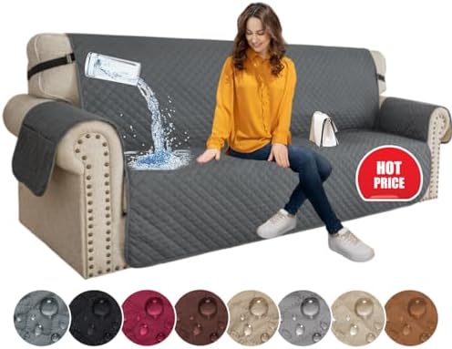 XINEAGE Quilted Sofa Cover Waterproof Couch Covers for 3 Cushion Couch, Super Soft Washable Slipcover with Pockets & Non-Slip Elastic Straps, Thick Furniture Protector (Sofa, Dark Grey)