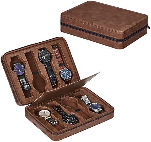 BEWISHOME Watch Travel Case 8 Slot Watch Boxes for Men Portable Watch Organizer, Watch Display Case - Watch accessory Fits Wrist Watches & Smart Watches,Brown, SSH98Z