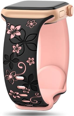 Floral Engraved Bands Compatible with Apple Watch Band 41mm 40mm 44mm 45mm 42mm 38mm 49mm for Women,Cute Flower iWatch Bands Soft Silicone Sport Strap for iWatch Series SE 9 8 7 6 5 4 3 2 1 Ultra