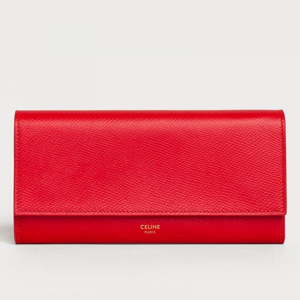 Celine Large Flap Wallet In Red Grained Calfskin