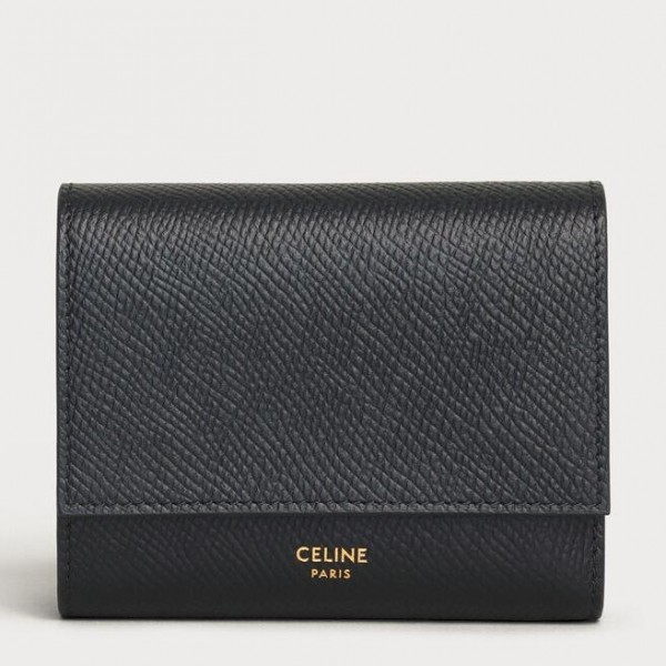 Celine Small Trifold Wallet in Black Grained Calfskin